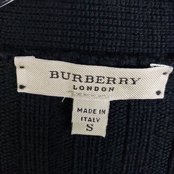 BURBERRY London Wool Sweater Plaid Elbow Patches Ribbed Knit Black V-neck size S - Picture 3 of 11